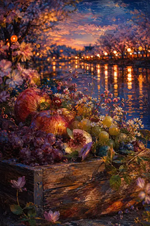 Twilight Harvest by the Blossomed Riverside