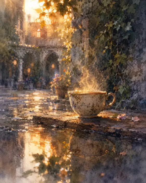 Morning Steam and Sunlit Courtyard