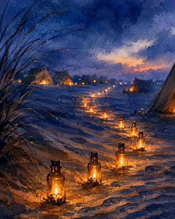 Trail of Amber Candles Along the Sandy Shore