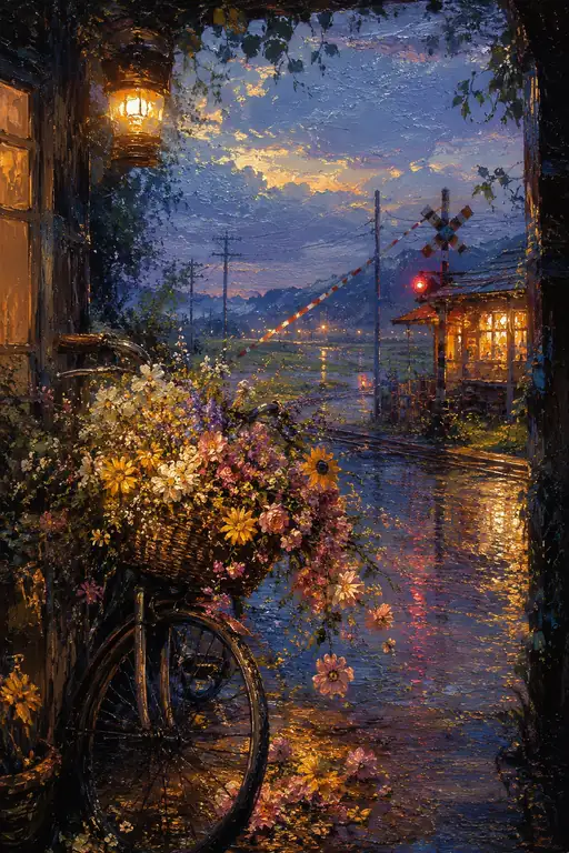 Evening Bell and Blossoming Bicycle by the Station