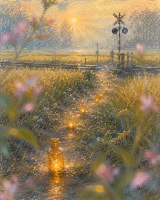 Path of Morning Glow Bottles Across the Field