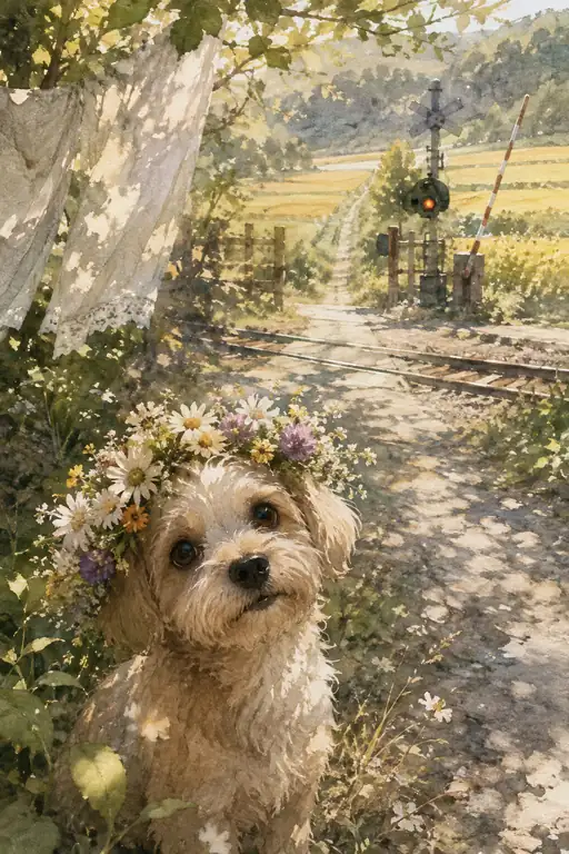 Flower Crown Pup in the Dappled Railway Light