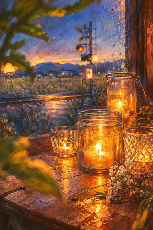 Twilight Candles on the Country Station Sill