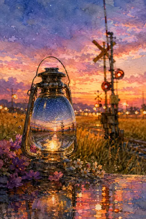 Sunset Train Path Captured in Glass