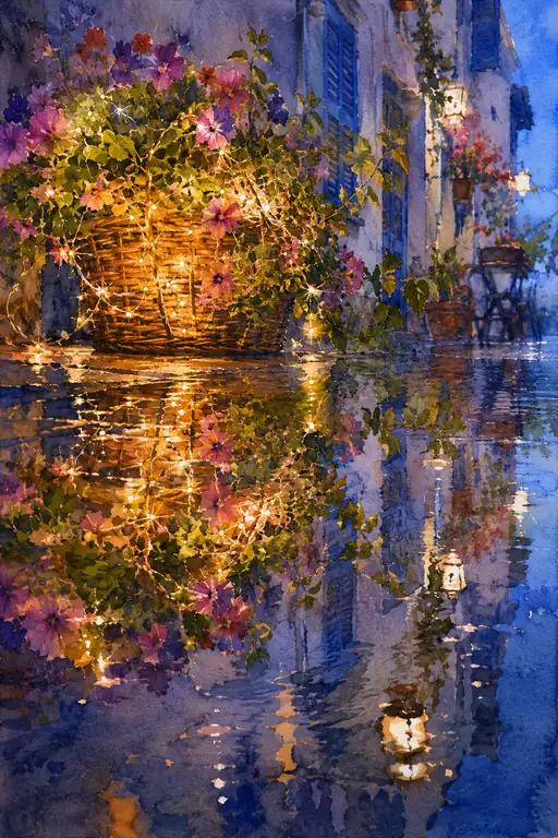 Fairy Lights Mirrored on Wet Cobblestones