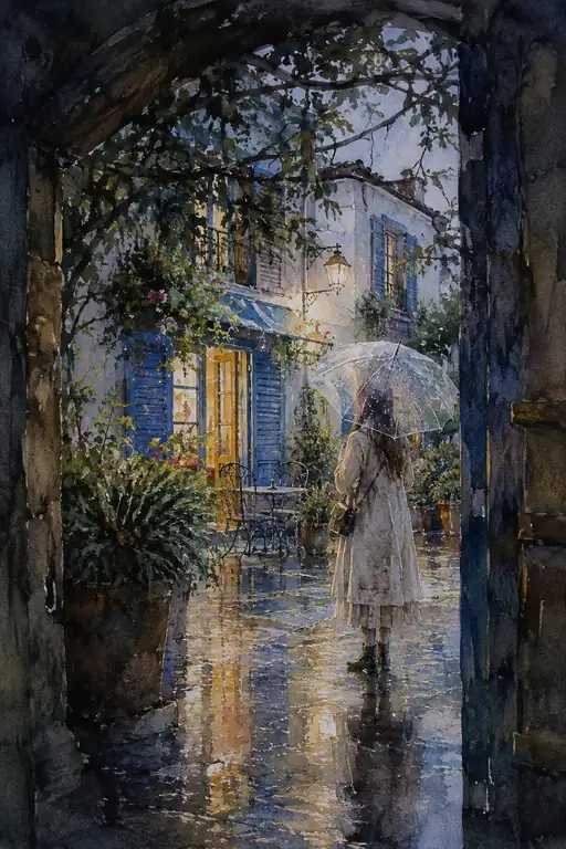 Clear Umbrella Stroll in the Evening Rain