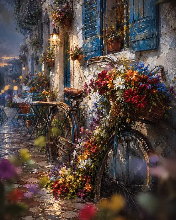 Flower-Laden Bicycle by the Twilight Shutter