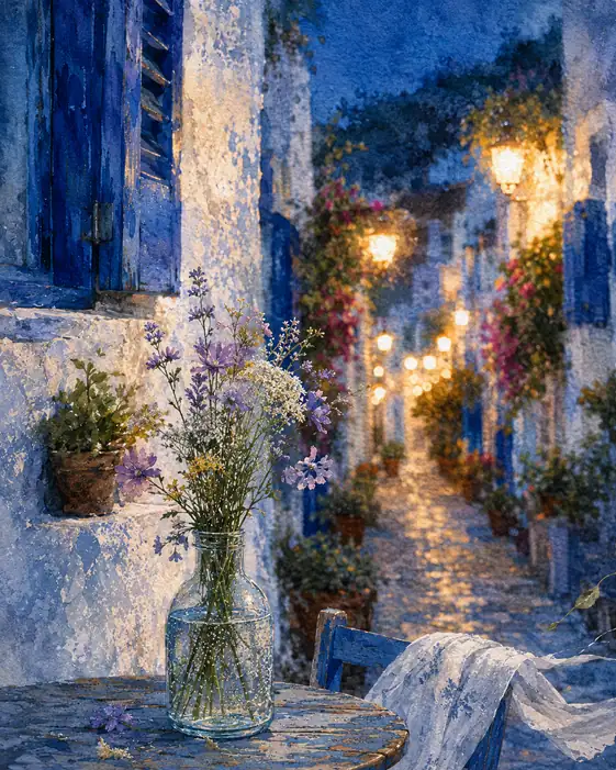 Evening Terrace with Wildflowers and Glowing Lamps