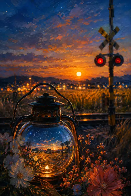 Sunset Cosmos Reflected in the Railroad Lantern