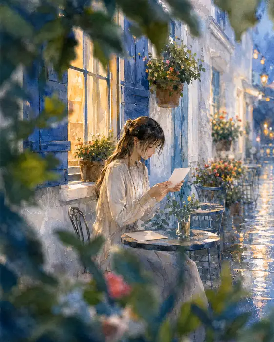 Reading Letters in the Drizzle-Kissed Cafe