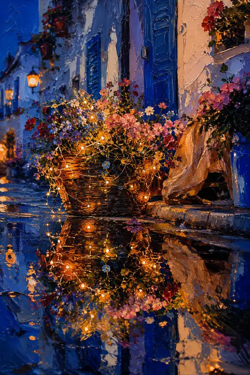 Sparkling Night Blooms Mirrored in the Rain