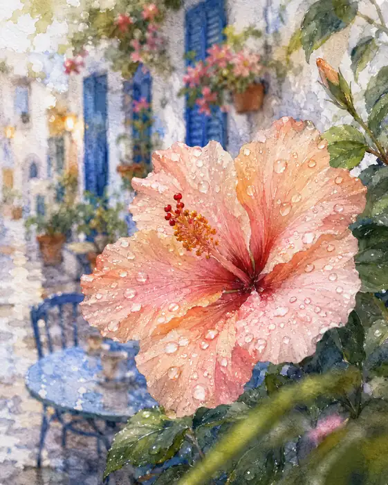 Dew-Kissed Hibiscus in the Mediterranean Morning