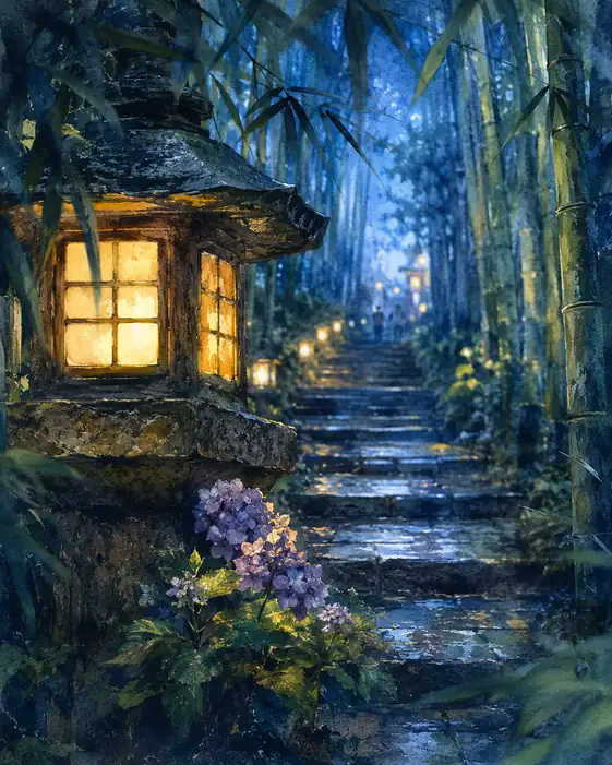 Hydrangeas and Stone Lanterns in the Dusk