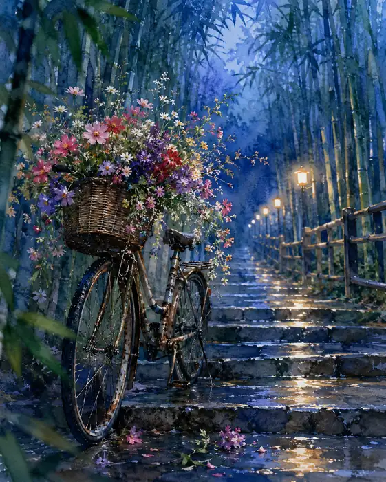 Silence on the Rain-Kissed Bamboo Steps