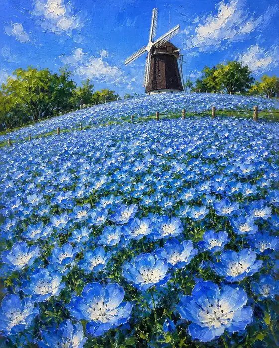 Azure Sea of Blossoms Beneath the Windmill