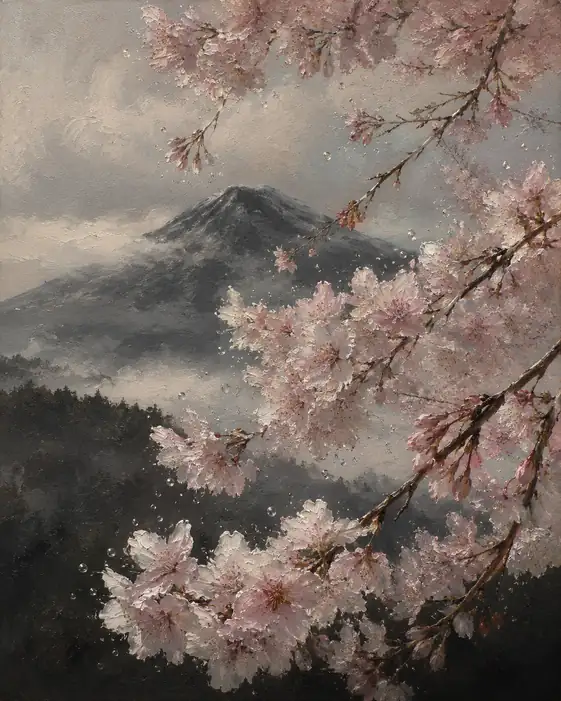 Sacred Peak Framed in Rain-Beaded Blooms