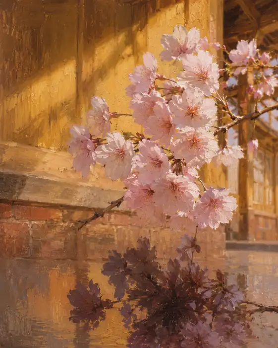 Blossoms Mirrored on Wet Earth and Timber