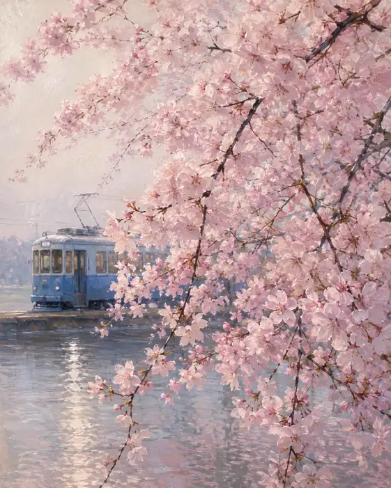 Blue Tram Gliding Through Springtime
