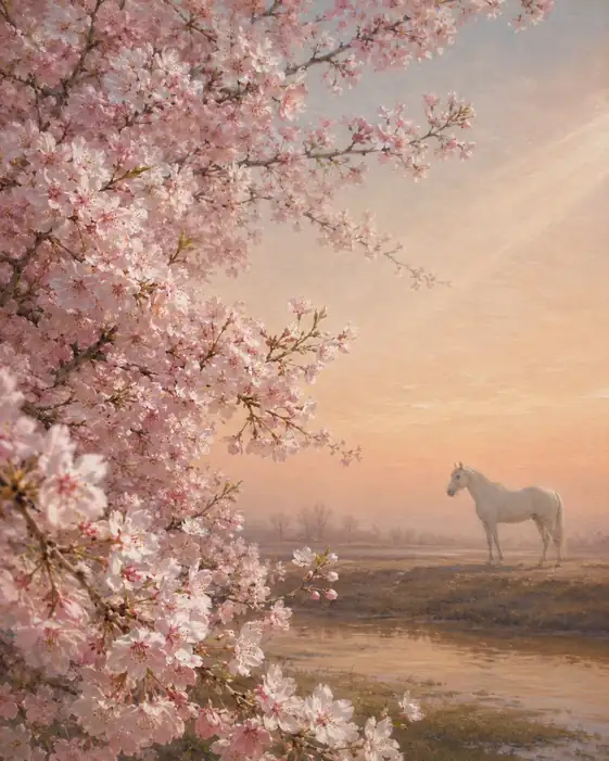 Silent White Horse Across the Cherry Stream