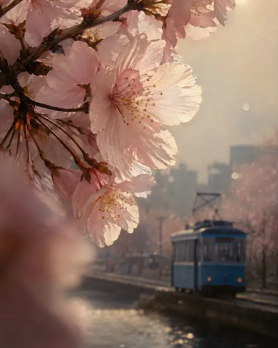 Backlit Petals Framing the Blue Tram