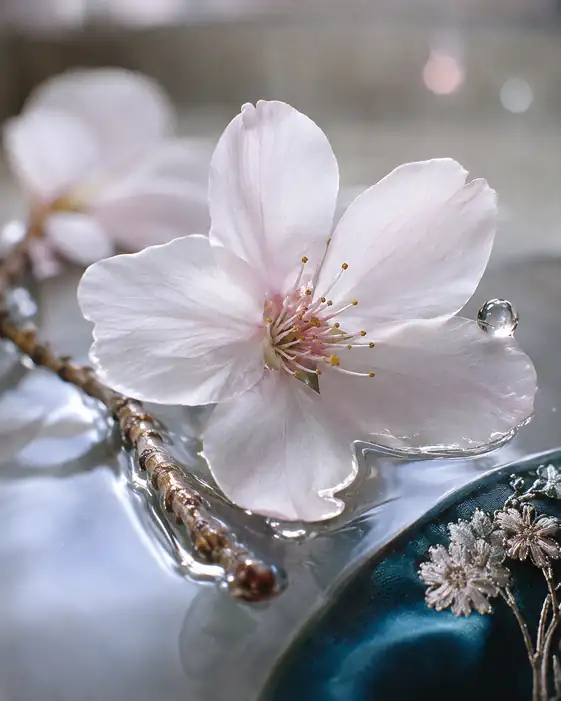 Blossom Resting on Silk and Water