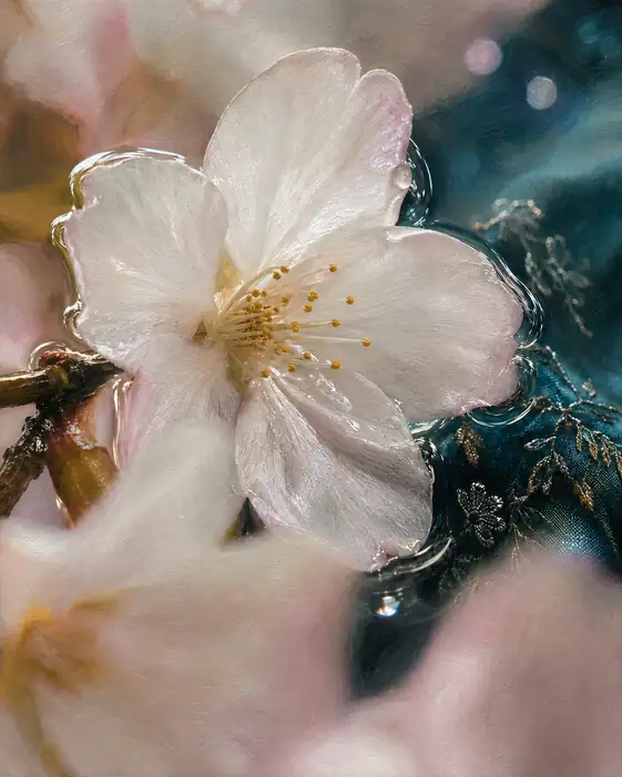 Petal Floating Between Water and Thread