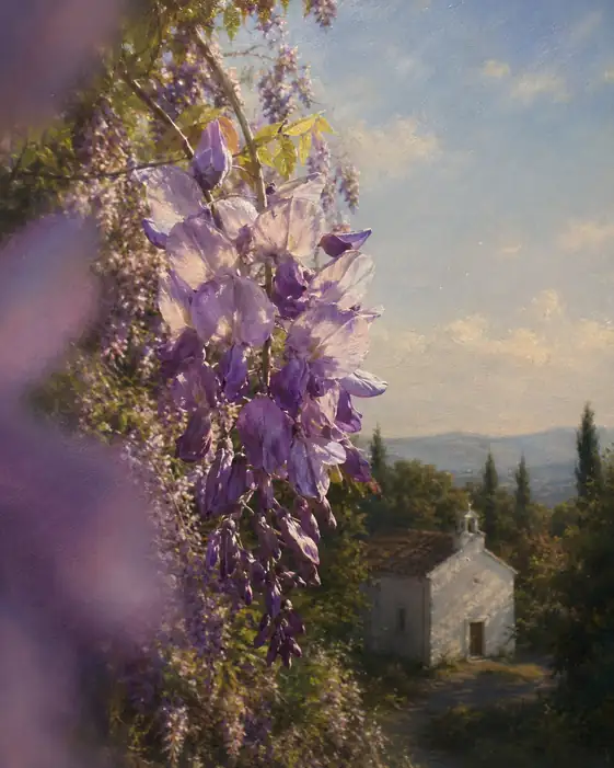 Golden Light Across Wisteria and Stone