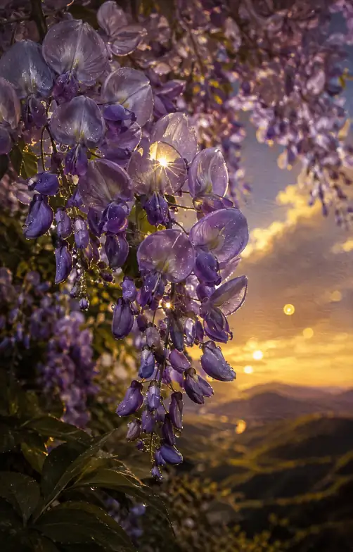 Sunburst Through Wet Wisteria Petals