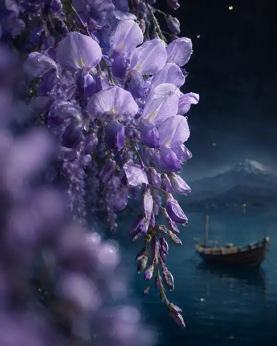 Night Lake Framed in Falling Wisteria
