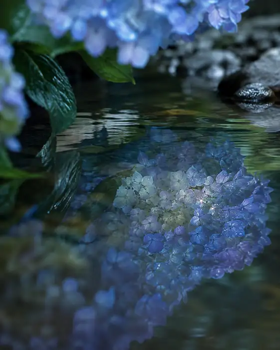 清流の水鏡に揺らめく青き花影