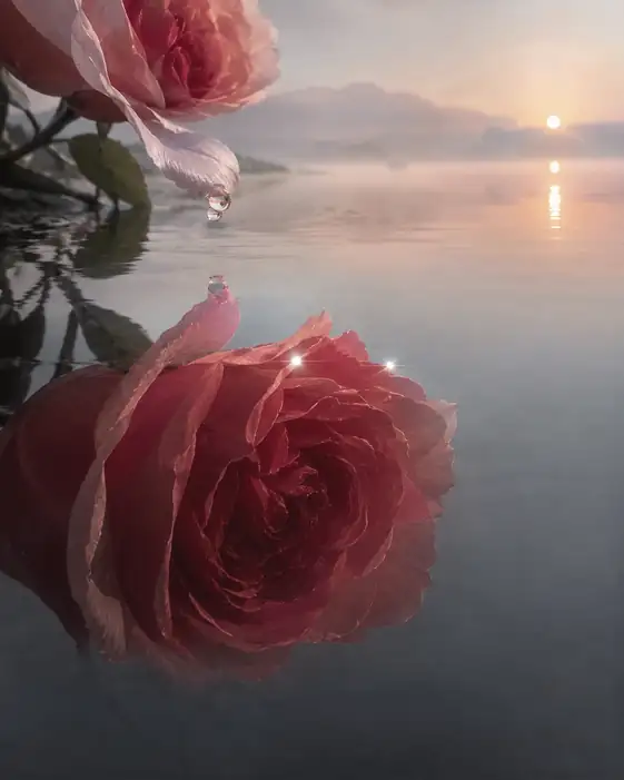 朝霧の湖水に映る薔薇の静けさ