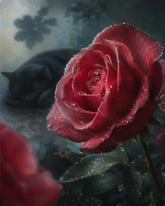 露の薔薇に寄り添う黒猫のまどろみ