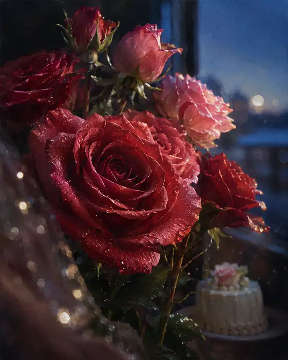 Twilight Window Draped in Blossoms