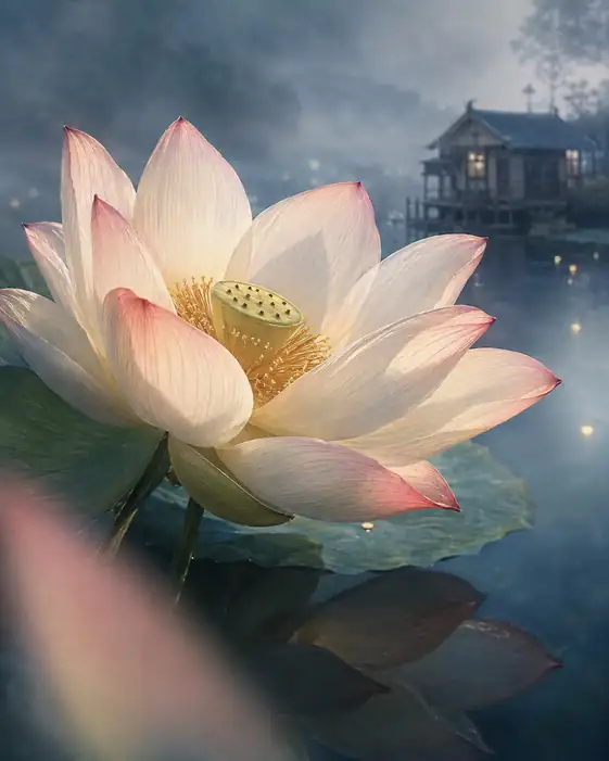 Lakeside Hut in Morning Mist