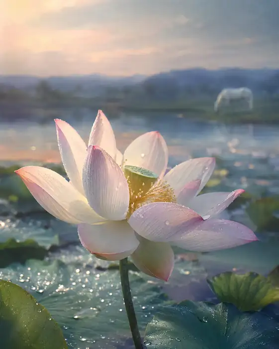 White Horse and Lotus at Dawn