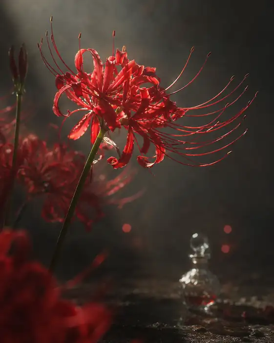 Crimson Petals and Glass Vial