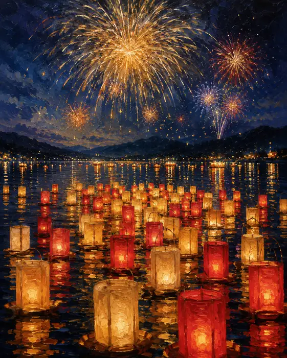 Floating Lanterns and Fireworks Over Lake