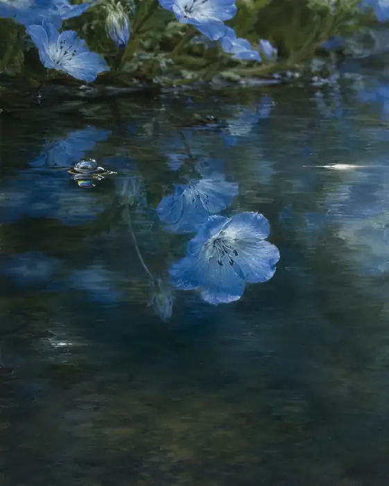 Floating Nemophila on Clear Stream