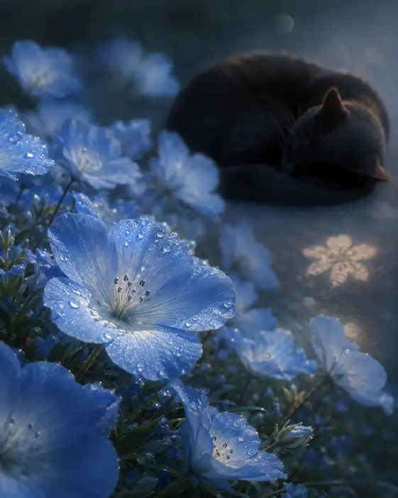Sleeping Black Cat in Nemophila Garden