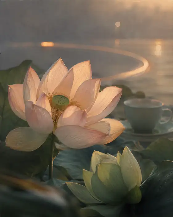 Morning Tea by the Lotus Shore