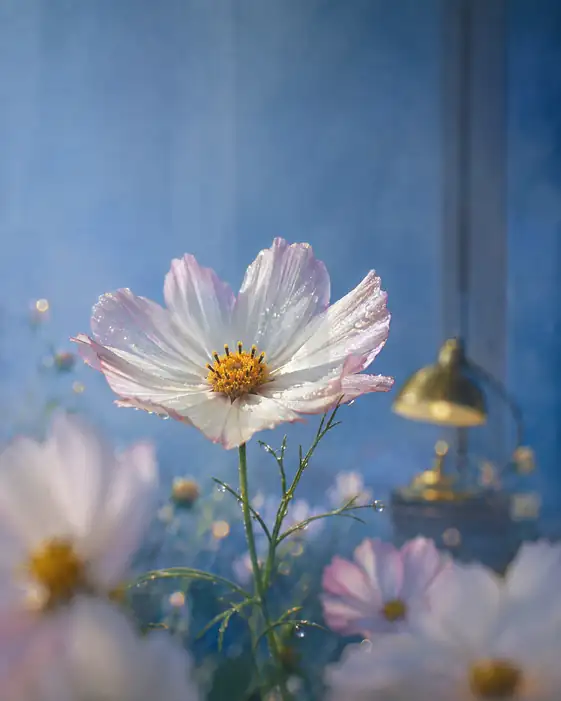 Pink Cosmos and Brass Desk Lamp