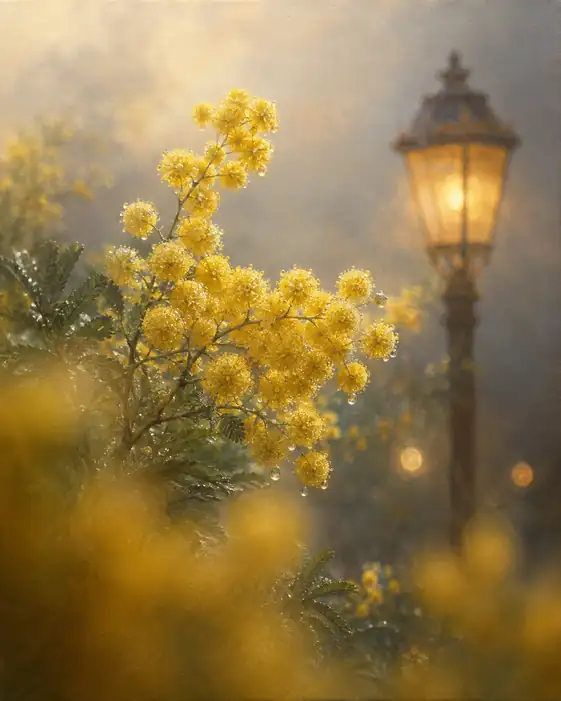 Glowing Streetlamp and Misty Mimosa