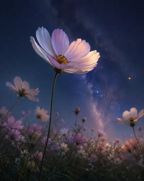 星月夜に咲くコスモス