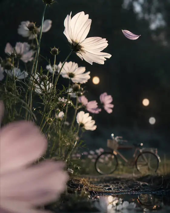 Twilight Breeze and Bicycle in Cosmos Field