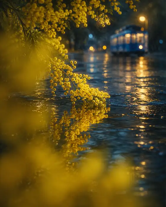 Rainy Night Tram and Mimosa Reflection
