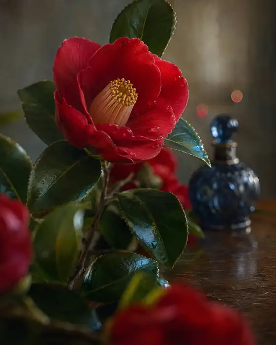 Red Camellia and the Cobalt Bottle