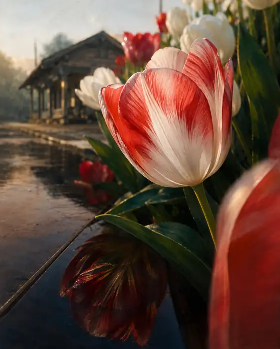 Tulips on Rainy Station Platform
