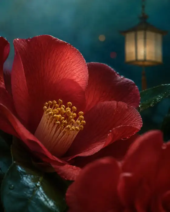 Crimson Camellia Beside the Garden Lantern