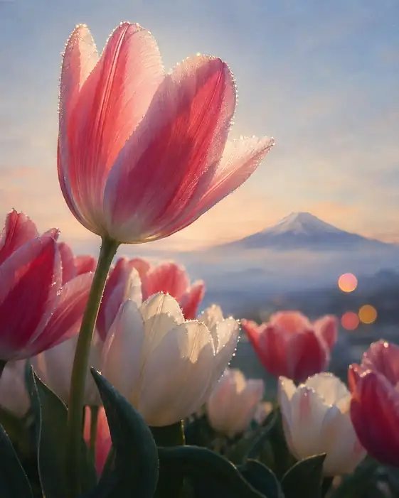 Tulips at Sunrise Before Mount Fuji