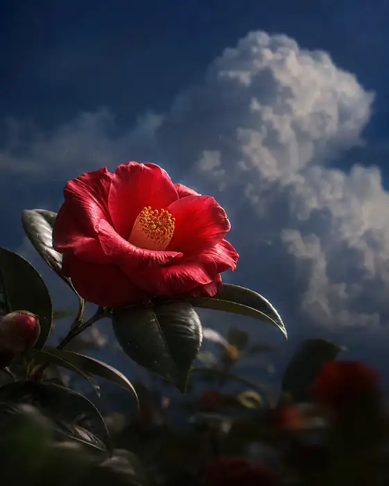 Crimson Camellia Beneath Summer Clouds